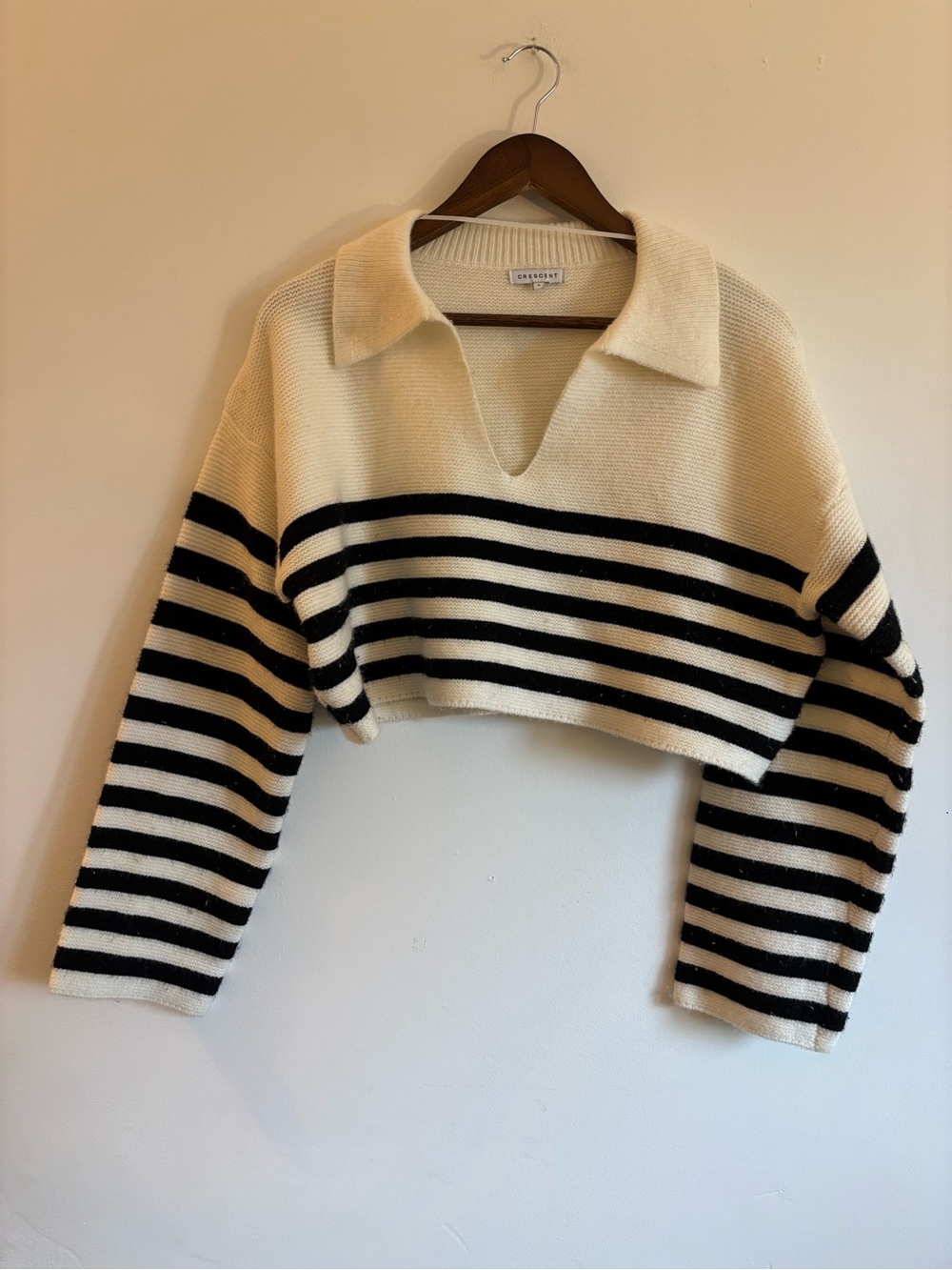 Crescent Cream & Black Striped Collared Cropped Sweater